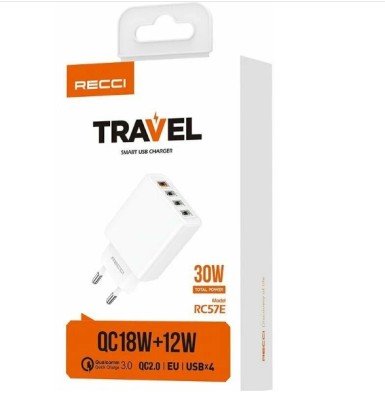 Сетевое зар. устр. Recci RC57E 4USB 30W белое Сетевое зар. устр. Recci RC57E 4USB 30W.  Зарядник удобен в поездках и путешествиях, там, где мало розеток и устроены они в неудобных местах. Быстрая зарядка с 4 портами подходит для зарядки телефона, смартфона, планшета, наушников и другой цифровой и электронной техники. Сетевое зарядное устройство оснащено 4 портами для одновременной зарядки нескольких устройств. Вход: 100-240 В.
Выход: USB1: 5V / 3A 9V / 2A 12V / 1.5A.
USB2/3/4: 5V2.1A .
USB1+USB2/3/4: 28,5 Вт.
USB: резиновый сердечник A1Orange.
USBA2/3/4: Белый резиновый сердечник.