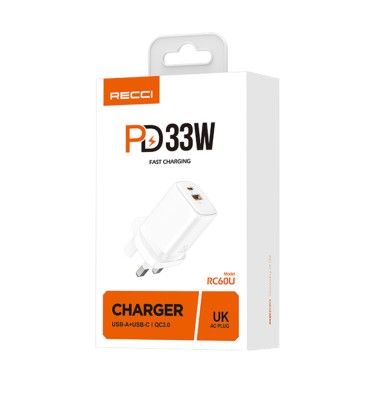 Сетевое зар. устр. Recci RC60E 1USB/1C 33W белое Сетевое зар. устр. Recci RC60E 1USB/1C 33W - отличный выбор для быстрой зарядки. Он имеет двухпортовый выход, позволяющий заряжать два устройства одновременно. Благодаря быстрой зарядке мощностью 33 Вт вы сможете быстро заряжать свои устройства. Он широко совместим и оснащен множеством средств защиты для более безопасной зарядки. Технические характеристики включают марку Recci, модель RC60E, белый цвет, вилку европейского стандарта, общую мощность 33 Вт, входное напряжение 110–240 В, 50/60 Гц, 1,0 А макс., выход USB-A: 5 В/3 А, 9 В/2 А, 12 В. /1,5 А (18 Вт). Благодаря двухпортовому выходу вы можете заряжать два устройства одновременно. Быстрая зарядка мощностью 33 Вт гарантирует быструю зарядку ваших устройств. Он также широко совместим и оснащен множеством средств защиты для более безопасной зарядки.