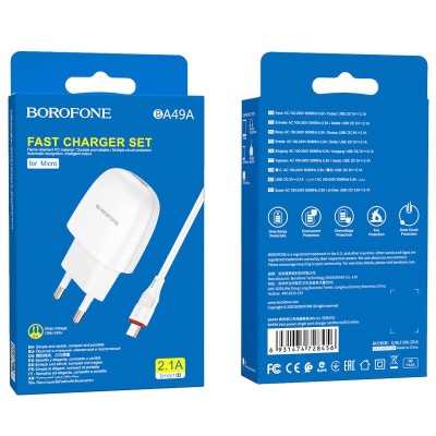 Сетевое зар. устр. Borofone BA49A с шнуром Micro 1USB 2.1A белое Сетевое зар. устр. Borofone BA49A с шнуром Micro 1USB 2.1A белое