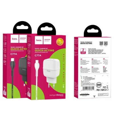 Сетевое зар. устр. Hoco C77A 2USB с шнуром Type-C, черное Сетевое зар. устр. Hoco C77A 2USB с шнуром Type-C, черное