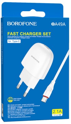 Сетевое зар. устр. Borofone BA49A с шнуром Type-C 1USB 2.1A белое Сетевое зар. устр. Borofone BA49A с шнуром Type-C 1USB 2.1A белое