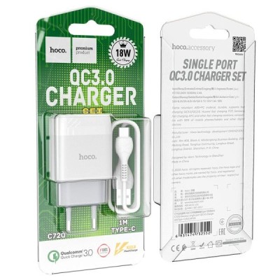 Сетевое зар. устр. Hoco C72Q QC3.0 1USB с шнуром Type-C, белое Сетевое зар. устр. Hoco C72Q QC3.0 1USB с шнуром Type-C, белое