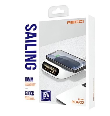 Беспроводное зарядное устройство + часы Recci RCW-22 15W белое Беспроводное зарядное устройство + часы Recci RCW-22 15W. Цифровые часы с беспроводной зарядкой имеют встроенный будильник.  Цифровые часы - универсальное устройство, имеет совместимость как с iOS, так и с Android. Беспроводная зарядка с высокой мощностью 15 Вт позволяет быстро зарядиться вашему устройству. Мягкий резиновый материал корпуса предотвращает падение плотно прилегая к поверхности, универсальный порт подходит для всех типов мобильных телефонов. Устройство предназначено для удобного использования.  Модернизированная функция быстрой зарядки 15 Вт. 2. Три группы настройки будильников с цифровым дисплеем часов. 3. Зона обнаружения беспроводного зарядного устройства. Технические характеристики:  Материал: ABS-пластик.  Вход: 5 В / 2 А, 9 В / 2,22 А, 12 В / 1,67 А.  Выход: 15 Вт / 10 Вт / 7,5 Вт / 5 Вт.  Частота: 110–205 кГц (10 Вт/5 Вт) /127,7 кГц (7,5 Вт).  Диапазон зарядки: ≤10 мм.