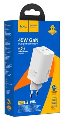 Сетевое зар. устр. Hoco N23 2C 45W Gan белое Сетевое зар. устр. Hoco N23 2C 45W Gan белое