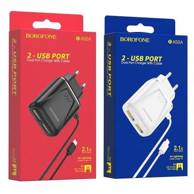 Сетевое зар. устр. Borofone BA50A с шнуром Lightning 2USB 2.1A белое Сетевое зар. устр. Borofone BA50A с шнуром Lightning 2USB 2.1A белое