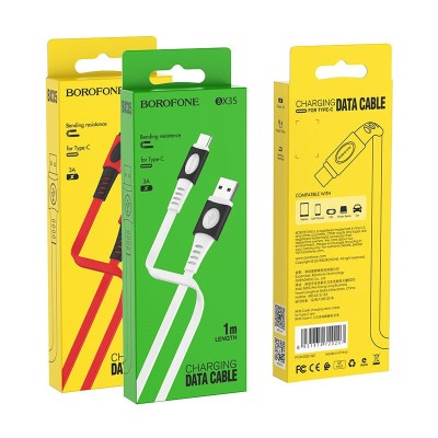 Usb Кабель-зарядка Type-C Borofone BX35 Carib 3A 1м плоский силиконовый белый Usb Кабель-зарядка Type-C Borofone BX35 Carib 3A 1м плоский силиконовый белый