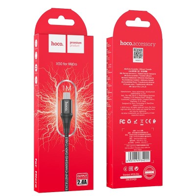 Usb Кабель-зарядка Micro Hoco X50 2.4A 1м в тканевой оплетке черный Usb Кабель-зарядка Micro Hoco X50 2.4A 1м в тканевой оплетке черный