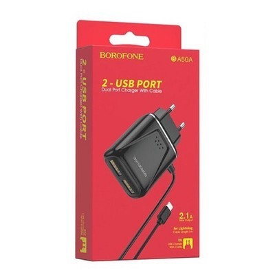 Сетевое зар. устр. Borofone BA50A с шнуром Lightning 2USB 2.1A черное Сетевое зар. устр. Borofone BA50A с шнуром Lightning 2USB 2.1A черное