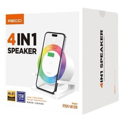 Bluetooth колонка с беспроводной зарядкой и RGB подсветкой Recci RSK-W28 белая Bluetooth колонка с беспроводной зарядкой и RGB подсветкой Recci RSK-W28  креативное сочетание беспроводной быстрой зарядки мощностью 15 Вт, Bluetooth-динамика, ночника и подставки для телефона.  Расположите телефон горизонтально или вертикально, ваш телефон можно заряжать в любое время. 5 режимов освещения танцуют в такт музыке. Кроме того, есть режим мягкого теплого освещения, трехуровневое сенсорное затемнение, ваш превосходный компаньон для сна. Bluetooth-ночник с музыкой: Теплый мягкий прикроватный светильник или RGB-танцевальный светильник. RGB-подсветки, короткое нажатие для переключения режимов. 7-цветный рассеянный свет и 5 режимов динамического освещения создают романтическую и приятную атмосферу на вашей вечеринке, превращая ваше пространство в трехмерный музыкальный мир с аудио- и визуальной интеграцией. Беспроводное зарядное устройство мощностью 15 Вт. 4 уровня приглушенного теплого света (0%/20%/50%/100%).