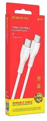 Usb Кабель-зарядка Type-C на Type-C Borofone BX51 Trumph 3A 60W 1м силиконовый белый Usb Кабель-зарядка Type-C на Type-C Borofone BX51 Trumph 3A 60W 1м силиконовый белый