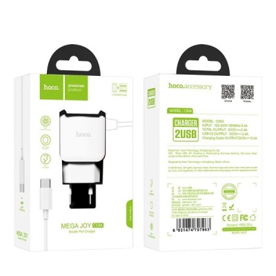 Сетевое зар. устр. Hoco C59A 2USB 2.4A с шнуром Type-C белое Сетевое зар. устр. Hoco C59A 2USB 2.4A с шнуром Type-C белое