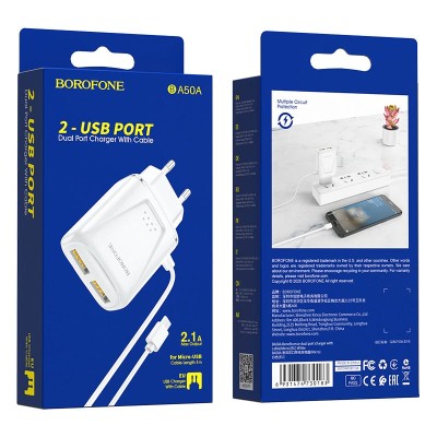 Сетевое зар. устр. Borofone BA50A с шнуром Micro 2USB 2.1A белое Сетевое зар. устр. Borofone BA50A с шнуром Micro 2USB 2.1A белое