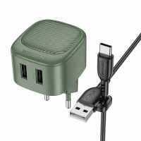 Cетевое зарядное устройство Borofone BAS21A 2USB 2.1A с шнуром Type-C зеленый