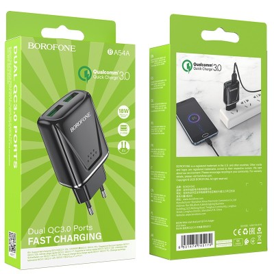 Сетевое зар. устр. Borofone BA54A 2USB QC3.0 3A 18W черное Сетевое зар. устр. Borofone BA54A 2USB QC3.0 3A 18W черное