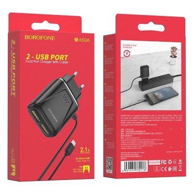 Сетевое зар. устр. Borofone BA50A с шнуром Micro 2USB 2.1A черное Сетевое зар. устр. Borofone BA50A с шнуром Micro 2USB 2.1A черное