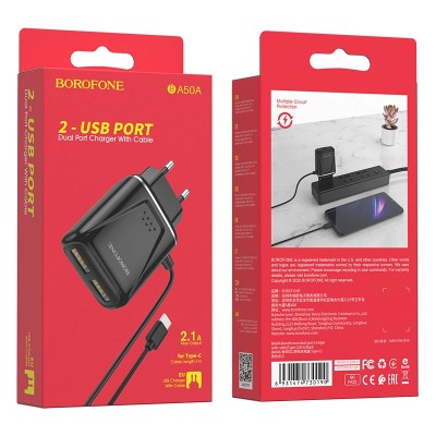 Сетевое зар. устр. Borofone BA50A с шнуром Type-C 2USB 2.1A черное Сетевое зар. устр. Borofone BA50A с шнуром Type-C 2USB 2.1A черное