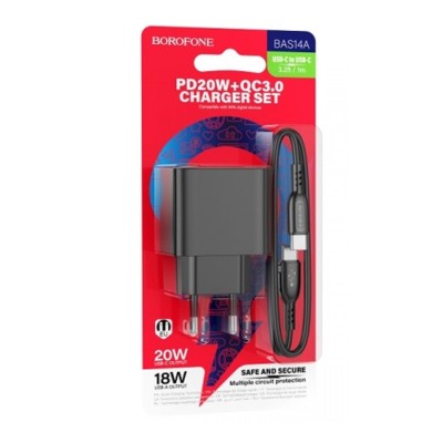 Сетевое зар. устр. Borofone BAS14A 1USB/1C с кабелем Т-С Т-С PD/QC3.0 18W/20W чёрный Сетевое зар. устр. Borofone BAS14A 1USB/1C с кабелем Т-С Т-С PD/QC3.0 18W/20W ч это современное сетевое зарядное устройство с 2 выходными портами: USB и Type-C. Такое решение позволит вам экономить время и место, ведь вы сможете заряжать несколько своих устройств от одного адаптера. Зарядное устройство выполнено из огнестойкого АБС-пластика +PC, что обеспечивает надежность и безопасность при использовании. Поддерживает функцию быстрого заряда: максимальная сила тока на выходе составляет 3А, а максимальная выходная мощность 20W. Адаптер имеет вилку европейского стандарта, а также компактные размеры, что делает его удобным для переноски и использования в путешествиях.