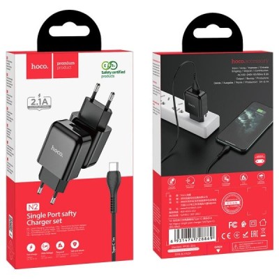 Сетевое зар. устр. Hoco N2 с шнуром Type-C 1USB, 2.1A черное Сетевое зар. устр. Hoco N2 с шнуром Type-C 1USB, 2.1A черное