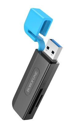 Картридер Borofone 2TB 5Gbps USB3.0 чёрно-синий Картридер Borofone DH9 2TB 5Gbps USB3.0 чёрно-синий. Оснащенный двойным слотом для карт, этот кардридер может одновременно вмещать две TF или SD карты, максимизируя эффективность. Благодаря своей высокоскоростной работе этот кард-ридер обеспечивает быструю передачу данных, значительно сокращая время ожидания и повышая производительность. Его компактный и портативный дизайн позволяет легко носить с собой, идеально подходит для использования на ходу в различных условиях. В качестве настольной док-станции он обеспечивает удобное решение для подключения ваших устройств к компьютеру или ноутбуку.
