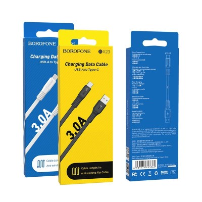 Usb Кабель-зарядка Type-C Borofone BX23 Wide power 3A 1м плоский силиконовый чёрный Usb Кабель-зарядка Type-C Borofone BX23 Wide power 3A 1м плоский силиконовый чёрный