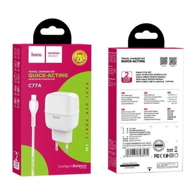 Сетевое зар. устр. Hoco C77A с шнуром Lightning 2USB 2.4A белое Сетевое зар. устр. Hoco C77A с шнуром Lightning 2USB 2.4A белое