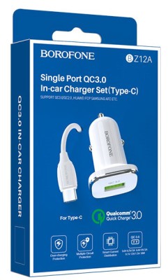 Автомобильное заряд. устр. Borofone BZ12A с шнуром Type-C 1USB 3A белое Автомобильное заряд. устр. Borofone BZ12A с шнуром Type-C 1USB 3A белое
