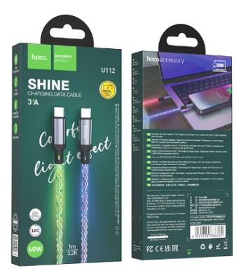 Usb Кабель-зарядка Type-C на Type-C Hoco U112 3A 60W 1м в тканевой оплетке серый Usb Кабель-зарядка Type-C на Type-C Hoco U112 3A 60W 1м в тканевой оплетке серый