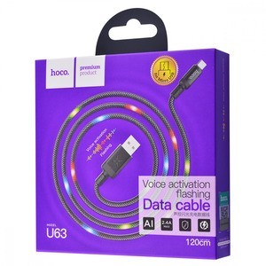 Usb Кабель-зарядка Micro Hoco U63 Voice activation flashing 2.4A 1.2м армированный чёрный Usb Кабель-зарядка Micro Hoco U63 Voice activation flashing 2.4A 1.2м армированный чёрный