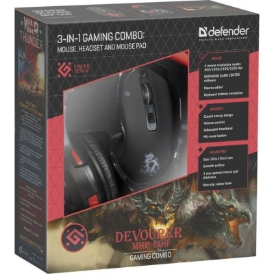 Набор мышь/коврик/гарнитура Defender MHP-006 Devourer черный Набор мышь/коврик/гарнитура Defender MHP-006 Devourer черный
