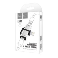 Переходник Hoco LS20 Lightning (папа) на 2 Lightning (мама) аудио/зарядка серебристый