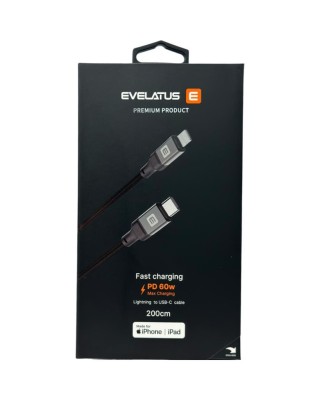 Usb Кабель-зарядка Type-C на Lightning Evelatus 60W 2м в тканевой оплетке черный Usb Кабель-зарядка Type-C на Lightning Evelatus 60W 2м.  Прочный качественный оплетенный нейлоном кабель для передачи данных и зарядки с организатором кабелей - эта серия отличается прочным материалом кабеля и совместимостью с последними микросхемами, которые одновременно очень прочны и приятны в использовании за счет технологии силикона и резины. В этой серии кабелей используются высококачественные металлические разъемы, гарантирующие более длительное и надежное использование благодаря технологии оплетенного нейлона. Серия кабелей Evelatus TPC06 поддерживает быструю зарядку и кабели с высокой мощностью. Кабели Evelatus TPC06 поддерживают скорость передачи данных до 480 Мбит/с.
Материал кабеля: Плетеный нейлон
Материал разъемов: Металл - Цинк
Цвет: Черный
Длина: 2 м