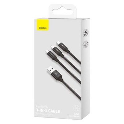 Usb Кабель-зарядка Micro+Lightning+Type-C Baseus 3in1 Baseus Rapid series 3.5A (CALS000001) чёрный Usb Кабель-зарядка Micro+Lightning+Type-C Baseus 3in1 Baseus Rapid series 3.5A (CALS000001) чёрный