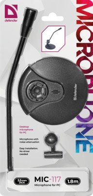 Микрофон настольный для компьютера Defender Mic-117 длина провода 1.8м черный Микрофон настольный для компьютера Defender Mic-117 длина провода 1.8м черный