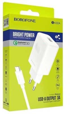 Сетевое зар. устр. Borofone BA32A с шнуром Type-C 1USB 3A белое Сетевое зар. устр. Borofone BA32A с шнуром Type-C 1USB 3A белое