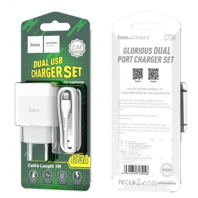 Сетевое зар. устр. Hoco C73A 2USB с шнуром Lightning, белое Сетевое зар. устр. Hoco C73A 2USB с шнуром Lightning, белое