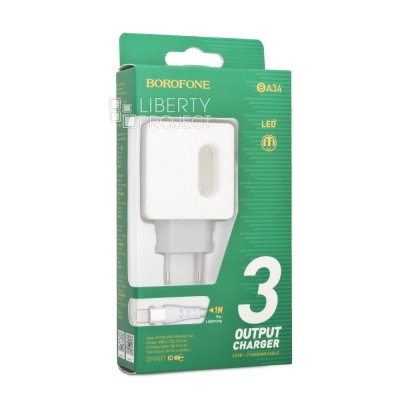 Сетевое зар. устр. Borofone BA34 с шнуром Lightning 2USB белое Сетевое зар. устр. Borofone BA34 с шнуром Lightning 2USB белое