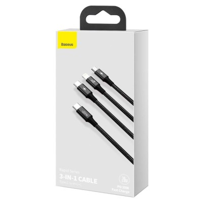 TYPE-C Кабель-зарядка Baseus Rapid Series 3-in-1 Type-C to C+L+C PD 20W 1.5m CAMLT-SC01 чёрный TYPE-C Кабель-зарядка Baseus Rapid Series 3-in-1 Type-C to C+L+C PD 20W 1.5m CAMLT-SC01 чёрный