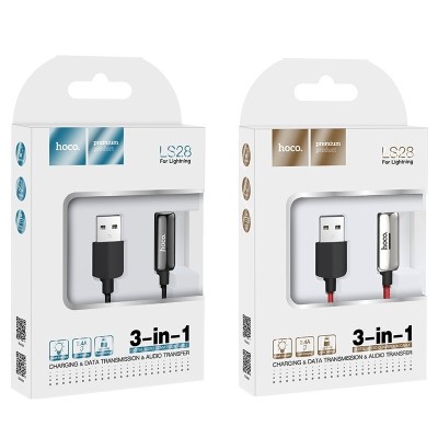 Кабель-переходник Hoco LS28 USB (папа) на Lightning (папа)/Lightning (мама) аудио/зарядка 20см серый Кабель-переходник Hoco LS28 USB (папа) на Lightning (папа)/Lightning (мама) аудио/зарядка 20см серый