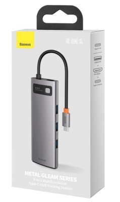 USB-C хаб Baseus Metal Gleam 8в1 3USB/HDMI/USB-C/MicroSD/TF/RJ45 (CAHUB-CV0G) серый USB-C хаб Baseus Metal Gleam 8в1 3USB/HDMI/USB-C/MicroSD/TF/RJ45 (CAHUB-CV0G) серый