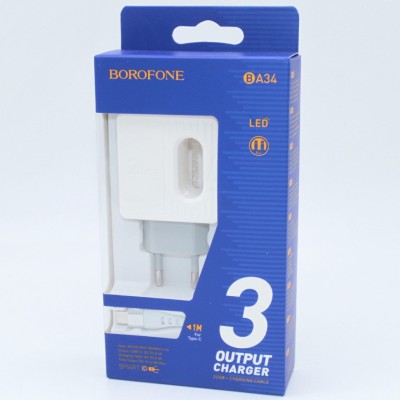 Сетевое зар. устр. Borofone BA34 с шнуром Type-C 2USB белое Сетевое зар. устр. Borofone BA34 с шнуром Type-C 2USB белое