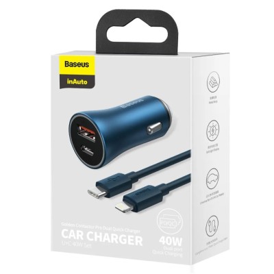 Автомобильное заряд. устр. Baseus Golden Contactor 1USB+1C кабель Type-C-Lightning TZCCJD-03 синее Автомобильное заряд. устр. Baseus Golden Contactor 1USB+1C кабель Type-C-Lightning TZCCJD-03 синее