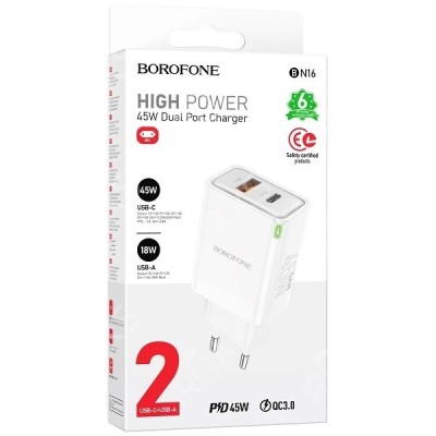 Сетевое зар. устр. Borofone BN16 1USB/1C 18W/45W белое Сетевое зар. устр. Borofone BN16 1USB/1C 18W/45W  это высококачественное и функциональное зарядное устройство, которое обеспечивает быструю зарядку ваших устройств.
Зарядное устройство оснащено двумя портами: Type-C и USB-A. Это позволяет одновременно заряжать два устройства с максимальной мощностью 25 Вт и 18 Вт соответственно.
Устройство поддерживает широкий спектр стандартов быстрой зарядки, включая PD, QC, FCP и AFC. Это обеспечивает быструю и безопасную зарядку ваших устройств, предотвращая перегрев и повреждение аккумулятора.