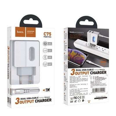 Сетевое зар. устр. Hoco C75 с шнуром Lightning 2USB 2.4A белое Сетевое зар. устр. Hoco C75 с шнуром Lightning 2USB 2.4A белое