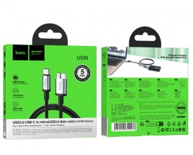 Кабель-переходник Hoco US10 Type-C (папа) на microUSB3.0 (папа) 5Gbps 0.5м черный Кабель-переходник Hoco US10 Type-C (папа) на USB3.0 (мама) 5Gbps 0.5м черный