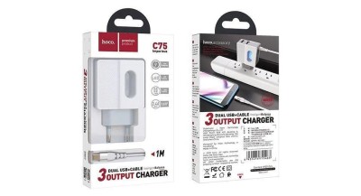 Сетевое зар. устр. Hoco C75 с шнуром Type-C 2USB, 2.4A белое Сетевое зар. устр. Hoco C75 с шнуром Type-C 2USB, 2.4A белое