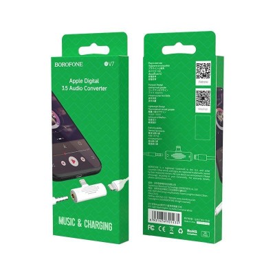 Переходник Borofone BV7 Lightning (папа) на Lightning (мама)/AUX 3.5мм (мама) белый Переходник Borofone BV7 Lightning (папа) на Lightning (мама)/AUX 3.5мм (мама) белый
