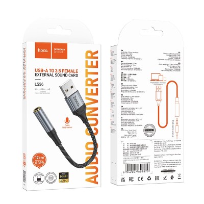Переходник Hoco LS36 fresh external sound card USB to 3.5 черный Переходник Hoco LS36 позволит вам наслаждаться качественным звуком на любом устройстве - от смартфона и планшета до ноутбука и компьютера.

ВНИМАНИЕ!!! Переходник работает только в одну сторону допустим USB в ПК, а aux через кабель в наушники или колонку. НАОБОРОТ не будет работать.
Характеристики:
Материал: алюминиевый сплав + оплетка.
Длина: 12 см. Вес: 8г.
Разъем: штекер USB на гнездо 3,5 мм.
Поддержка микрофона, проводное управление.
Чувствительность: 116 dB ± 3 dB.
Частотная реакция: 20 ~ 20000 Hz

Комплектация
Переходник-1штук, инструкция, фирменная упаковка.