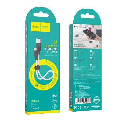 Usb Кабель-зарядка Type-C Hoco X21 Plus Silicone 3A 25см мягкий силиконовый белый Usb Кабель-зарядка Type-C Hoco X21 Plus Silicone 3A 25см мягкий силиконовый белый