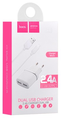 Сетевое зар. устр. Hoco C12 2USB Micro 2.4A белое Сетевое зар. устр. Hoco C12 2USB Micro 2.4A белое