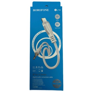 Кабель-переходник Borofone BL14 Lighting (папа) на AUX 3.5мм (папа) 1м  тканевой оплёт бело-серый Кабель-переходник Borofone BL14 Lighting (папа) на AUX 3.5мм (папа) 1м  тканевой оплёт бело-серый